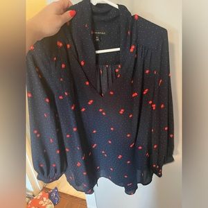 Banana Republic navy 3/4 sleeve blouse with red flowers and tie front.
